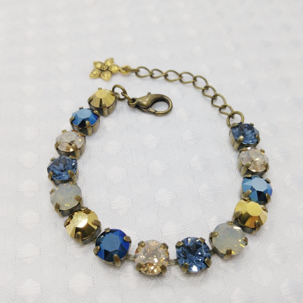Vintage Blue Gold Crystal Rhinestone Bracelet, Prong Set, 1990s Jewelry